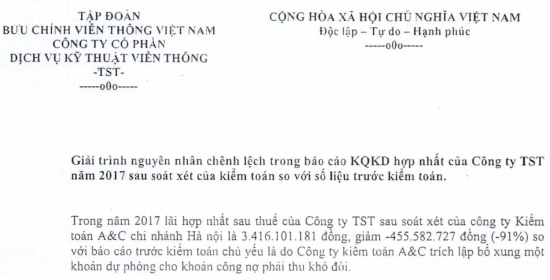 Giải trình NNCL  trong báo cáo KQKD hợp nhất của Công ty TST năm 2017 sau soát xét của kiểm toán so với số liệu trước kiểm toán