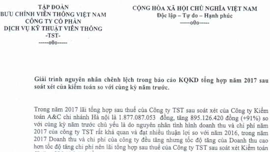 Giải trình NNCL  trong báo cáo KQKD tổng hợp năm 2017 sau soát xét của kiểm toán so với cùng kỳ năm trước