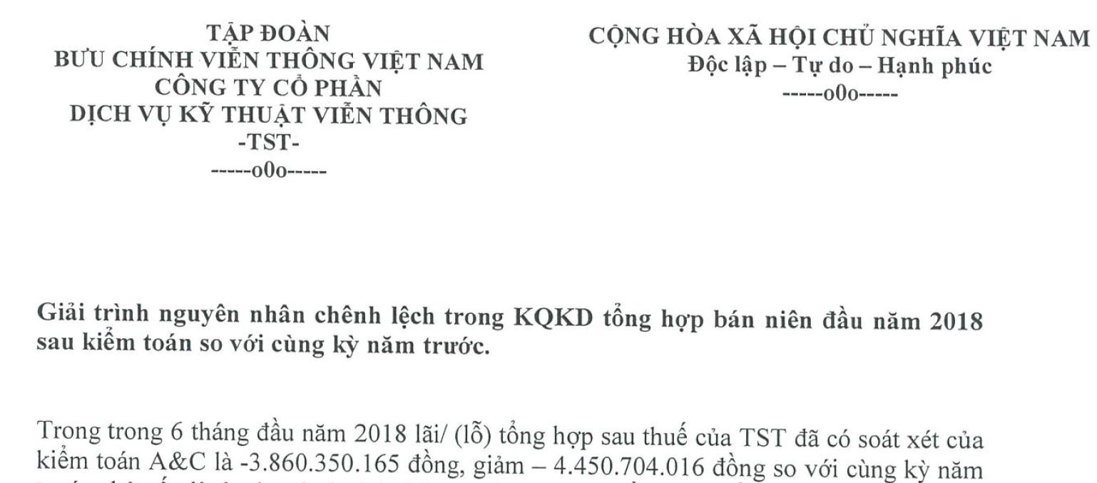 Giải trình NNCL trong KQKD tổng hợp bán niên đầu năm 2018 sau kiểm toán so với cùng kỳ năm trước