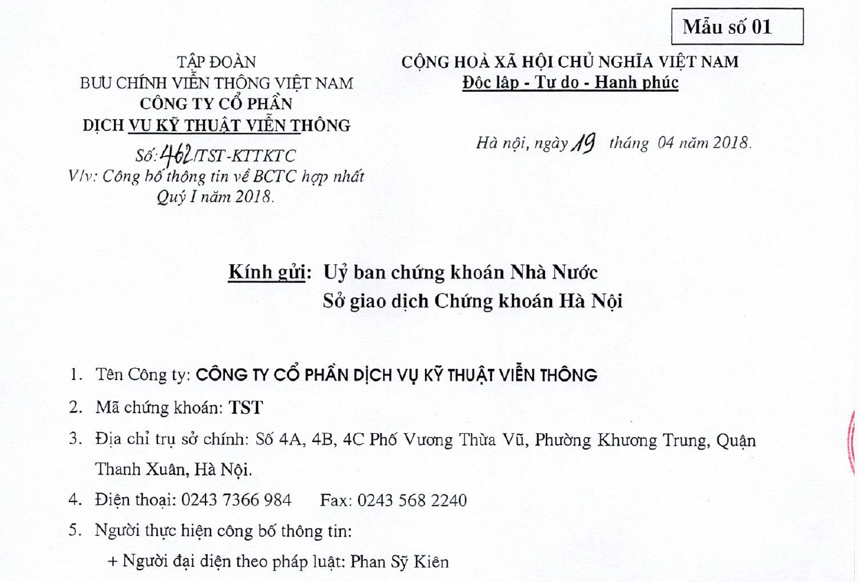 CV462/TST/KTTKTC ngày 19/04/2018 kèm theo BCTC hợp nhất Q1/2018