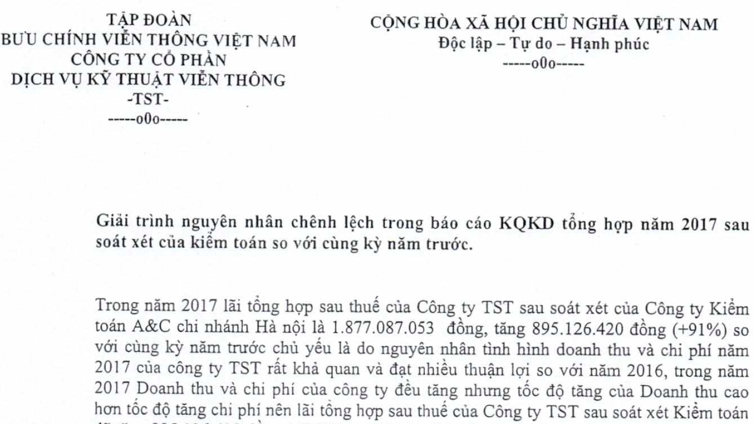 Giải trình NNCL  trong báo cáo KQKD tổng hợp năm 2017 sau soát xét của kiểm toán so với cùng kỳ năm trước